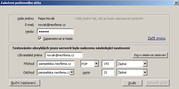 Zkontrolujeme, zda v políčku Uživatelské jméno je vyplněn celý náš email. Do políček Příchozí a Odchozí vyplníme pampeliska.neoprojekt.