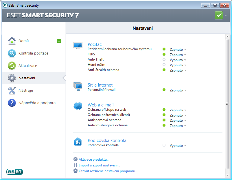 4. Práce s ESET Smart Security Podrobná nastavení v ESET Smart Security umožňují upravit úroveň ochrany počítače a síťové komunikace.