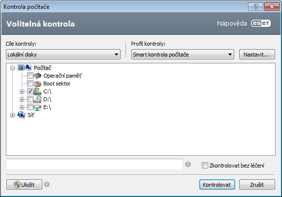 Volitelná kontrola Volitelná kontrola umožňuje vybrat z různých přednastavených profilů kontroly a nastavit také cíle kontroly. Výhodou Volitelné kontroly je možnost přizpůsobit parametry kontroly.
