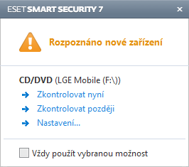 4.1.2 Výměnná média ESET Smart Security poskytuje automatickou kontrolu výměnných médií (CD/DVD/USB/...). Tento modul umožňuje zkontrolovat obsah vložených médií.