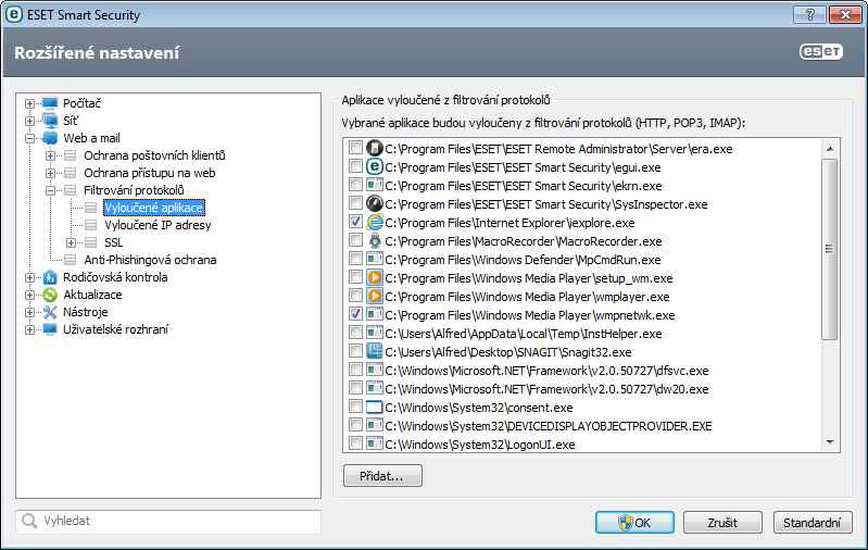 4.3.3.2 Vyloučené aplikace V tomto dialogovém okně vyberte aplikace, které chcete vyloučit z kontroly filtrování protokolů.
