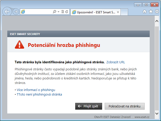 Poznámka: Potenciální phishingové stránky, které jsou zařazeny na seznam povolených výjimek, budou standardně znovu nepřístupné za několik hodin.