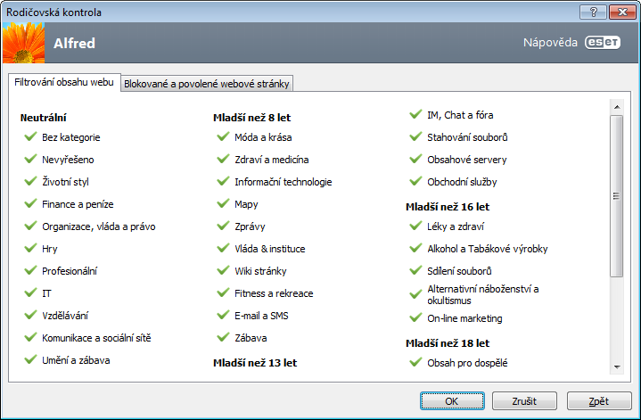 4.4.1 Filtrování obsahu webu V tomto dialogovém okně vybíráte kategorie webových stránek, které chcete povolit nebo zakázat.