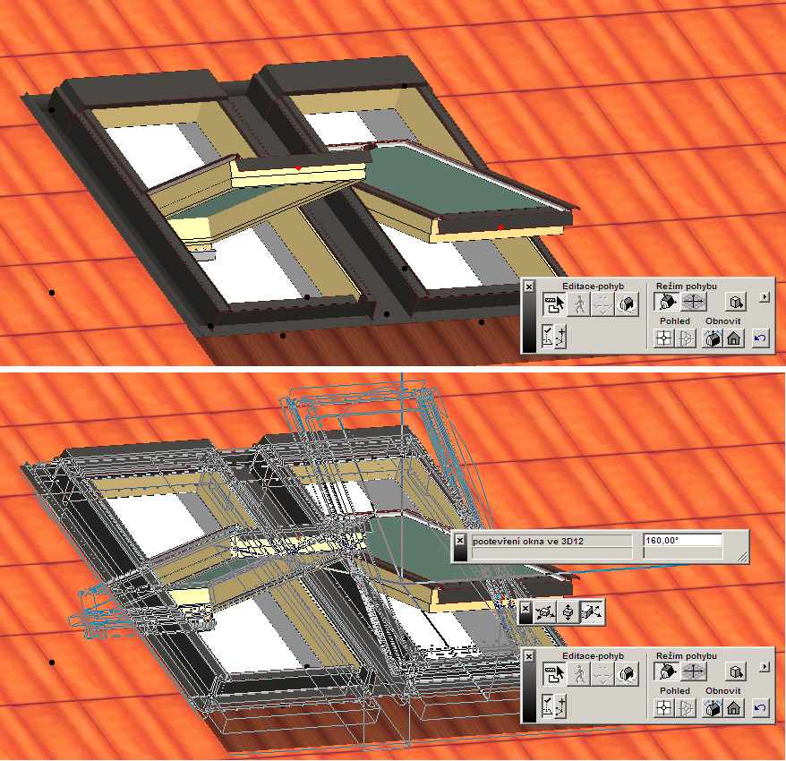 2. Vkládání střešních oken jednotlivě nebo v sestavách Vložení jednotlivých oken nebo oken v sestavách se neliší od běžného vkládání střešních oken v ArchiCADu.