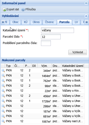 Kliknutím na lupu se parcela