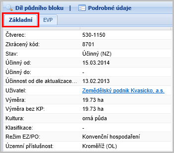 - Uživatel (jméno a příjmení, název) - Výměra - Výměra bez EVP - Kultura - Klasifikace - Režim EZ/PO - Územní příslušnost Obrázek 35