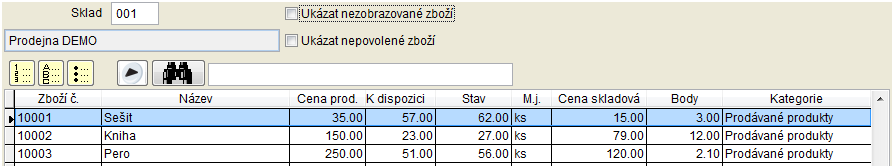 Při zadávání zboží v příjemce nebo výdejce je možné do políčka Zboží zapsat jak číslo zboží, tak název zboží (nebo část názvu).