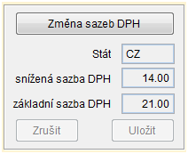 Změna sazeb dph V programu Sklady na kartě Ceník stisknout tlačítko Změna sazeb DPH. Zapsat kód státu, pro který se sazby mění, zadat dolní a horní sazbu dph.