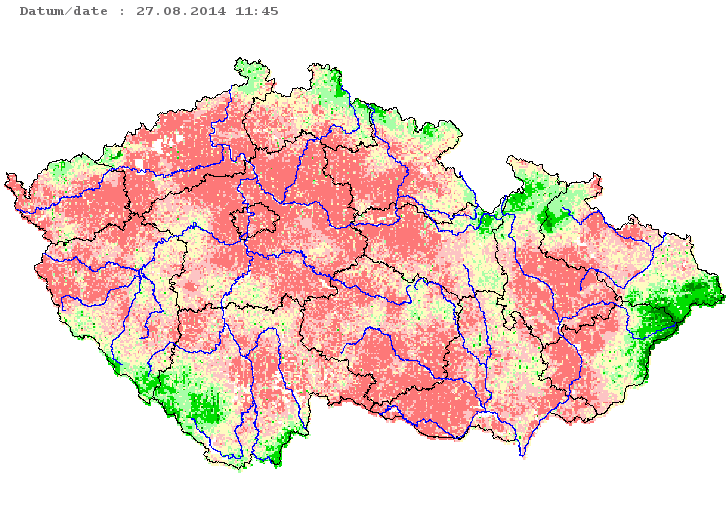 Obrázek 8.4: Ukazatel nasycení v České republice 27. srpna 2014 dopoledne Zdroj: ČHMÚ, www.chmi.