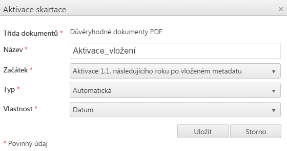 Obrázek 29: Aktivace skartace k metadatu Po vytvoření je tato aktivace přiřazena dané třídě a nemůže být již jinde použita. Zde je hlavní rozdíl oproti aktivaci globální. 7.2.4.