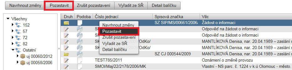 obr. 61. Vyřazení ukládací jednotky/věcné skupiny ze skartačního návrhu 6.1.2.