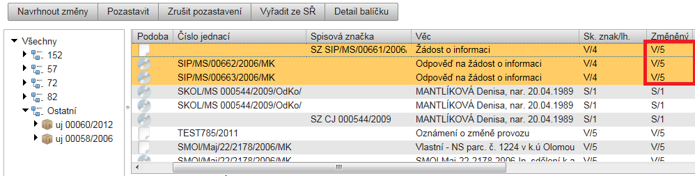 obr. 63. Změna skartační lhůty při pozastavení balíčku Po provedení změny je záznam podbarven ţlutě. Balíček v náhledu skartačního návrhu zůstává pro případnou moţnost zrušení pozastavení. obr. 64.