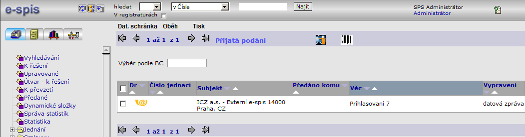 Podatelna 3.6.2.1 Stažení datových zpráv Postup: V panelu navigačního stromu vyberte ikonu (Agendy), rozbalte složku Přehledy a zvolte Podatelna - Přijatá podání. V menu vyberte příkaz <Dat.