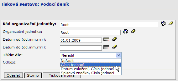 Podatelna Administrátor, Vedoucí, Podatelna - tisk sestavy pro libovolnou organizační jednotku. Pro tisk podacího deníku za celou organizaci, tzn.