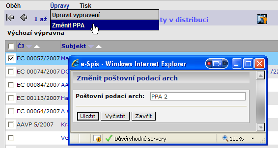 Spisovna 4.3.3. Oprava zařazení na PPA Ve složce Výpravna - V distribuci je doplněna možnost hromadné úpravy hodnoty v položce Poštovní podací arch (PPA).