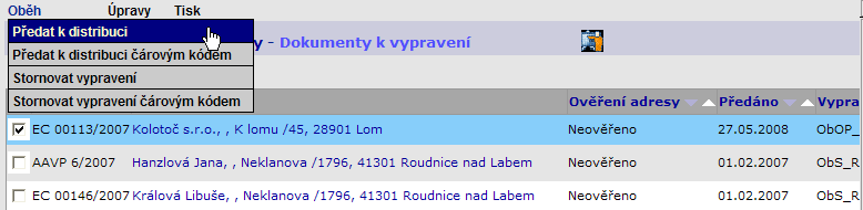 Spisovna obr 30. Tisk štítku vypravení ze složky K vypravení Ve složce Přehledy - Výpravna - K vypravení označte vypravení a v menu zvolte příkaz < Tisk / Tisk štítku vypravení >.