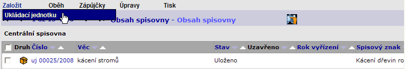 Index 6.3. Obsah spisovny Ve složce je zobrazen seznam ukládacích jednotek, které jsou určeny pro přípravu k archivaci nebo skartaci, popř. je jejich obsah zapůjčen.