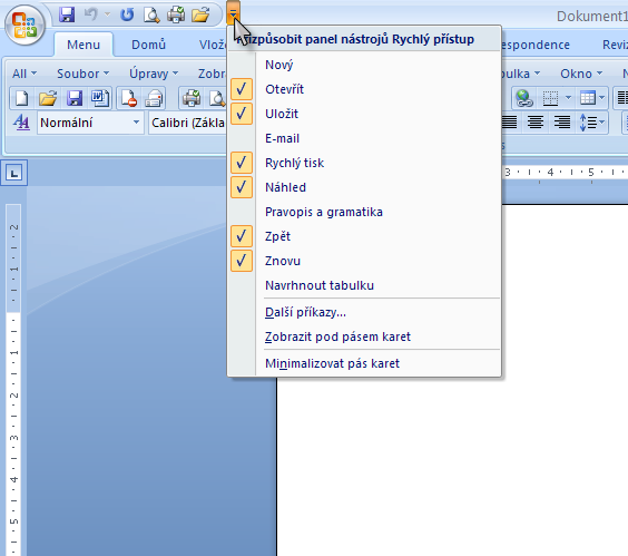 Panel Rychlý přístup Napravo od tlačítka Office na úrovni titulkového pruhu naleznete panel Rychlý přístup, který obsahuje nejčastěji používané příkazy (např. Tisk, Otevřít, Uložit, Zpět).