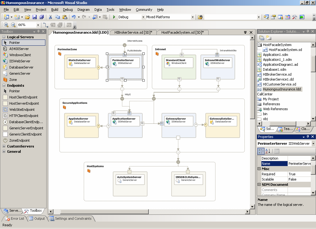 Obrázek 14 Microsoft Visual Studio 2005 Logical Datacenter Design Zdroj [MICROSOFT, 2008g] tvrdí, že nástroj Logical datacenter design umožňuje vizualizovat logickou strukturu datových center, uvést