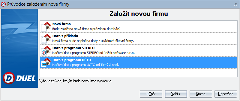 Po nainstalování, registraci a přihlášení do profilu (viz příručka) založíme novou firmu kliknutím na tlačítko Založit novou firmu v Úvodním průvodci nebo stejnojmenné