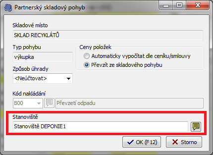 Pokud je partnerem skladové místo typu Mobilní zařízení, je navíc automaticky předvyplněno stanoviště převzaté ze zdrojového skladového pohybu.