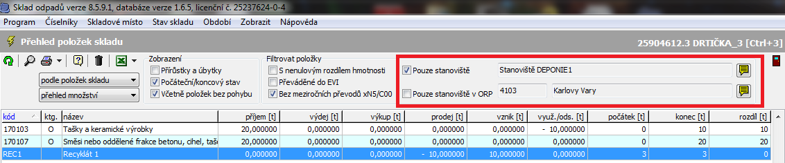 převod zůstatků do nového roku Přehled položek skladu Přehled položek skladu (menu Skladové místo / Přehled položek skladu) sloužící ke sledování celkové skladové bilance (množstevní / finanční)