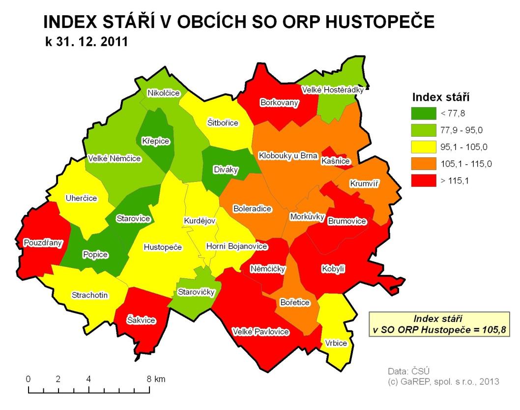 zeleně index < 100,0 % červeně index > 100,1 % Situace v jednotlivých obcích SO ORP se výrazněji liší v 11 obcích byl index stáří ke konci roku 2011 nižší než 100, ve zbývajících 17 obcích je index