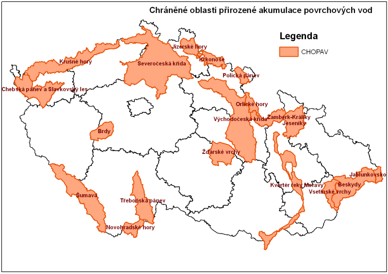 Obr. 8: Chráněné oblasti přirozené akumulace povrchových vod v ČR Do zpřísněné ochrany vodních zdrojů tak bylo zařazeno území o celkové rozloze cca 17 200 km 2, tj.