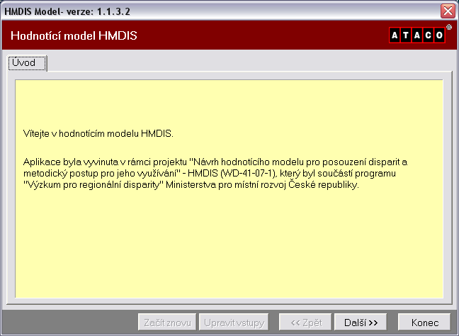Příloha - Instruktážní příklad Po klepnutí na soubor HMDISModel.exe se otevře úvodní okno( viz obr. P1) Obr. P1 úvodní strana Postupujte klepnutím levým tlačítkem myši (dále jen myší) na Další.