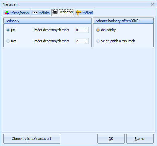 Ovládací panely snímacích zařízení Na této záložce lze zvolit jednotky, které budou použity pro měření: mikrometry nebo milimetry.
