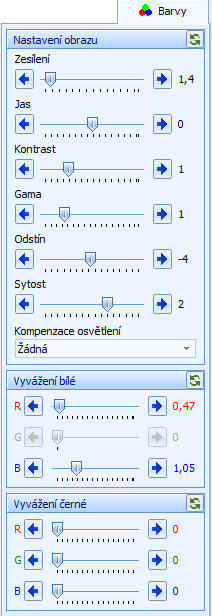 Ovládací panely snímacích zařízení Nastavení obrazu: Zesílení: posuvník ovlivňuje sílu signálu přicházejícího z kamery. Při vyšších hodnotách zesílení se v obraze může více projevit šum.