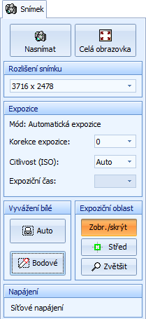 Ovládací panely snímacích zařízení Nasnímat: pořídí snímek a přenese jej do počítače. Můžete také použít klávesovou zkratku [Ctrl+Enter] nebo volitelnou dálkovou spoušť.