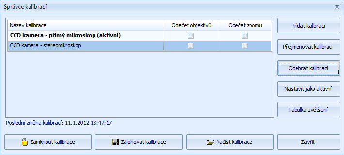 Kalibrace programu pro měření slouží k vytváření a správě všech kalibrací vytvořených pro jednotlivé měřící soustavy mikroskop-snímací zařízení.