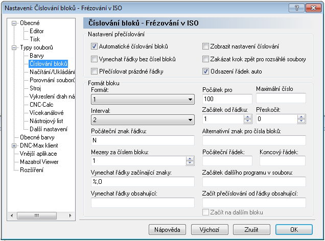 108 Nastavení editoru 4.2.2 Číslování bloků Čísla bloků v CNC programu jsou důležitými ukazateli a jsou vždy na začátku NC bloku.