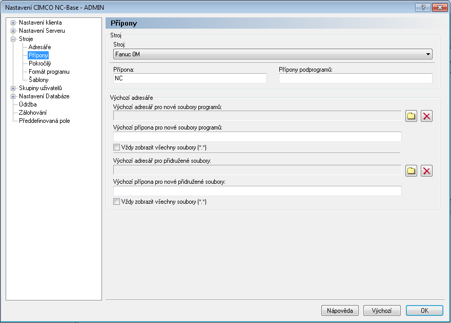 Nastavení NC-Base 205 6.3.2 Přípony V dialogu Přípony můžete zadat přípony souborů NC programů a přiřazených souborů pro každý stroj / skupinu strojů.