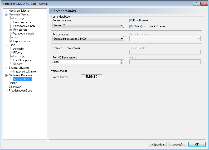 224 Nastavení NC-Base 6.5.1 Server Databáze Tato kapitola popisuje, jak konfigurovat připojení k serveru CIMCO NC-Base.