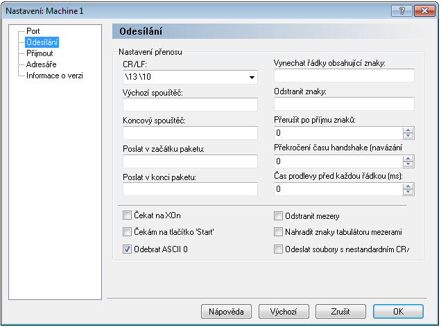 240 Nastavení DNC 7.2 Nastavení přenosu Pro konfiguraci nastavení přenosu klikněte na Přenos v nabídce vlevo v oknu Nastavení stroje.