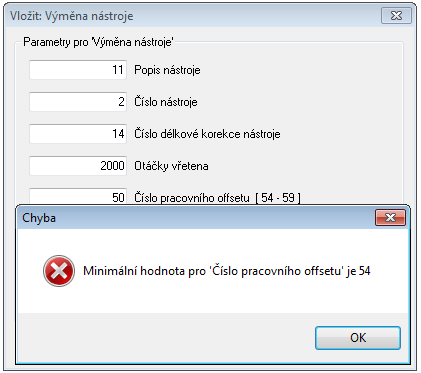 62 Záložky programu Text před Použijte toto pole pro zadání textového řetězce předpony pro zadaný parametr, například S pro otáčky vřetena.