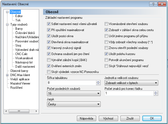 Nastavení editoru 91 4 Nastavení editoru Tato kapitola popisuje, jak konfigurovat nastavení CIMCO Edit. 4.1 Obecné nastavení programu Pokud chcete změnit obecné nastavení programu, vstupte do nabídky Nastavení a klikněte na Obecné.