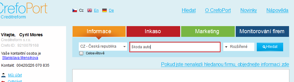 Jak vyhledat firmu v tuzemsku? Po úspěšném přihlášení do portálu CrefoPort přes www.crefoport.cz je možné okamžitě zahájit vyhledávání v tuzemsku (Česká republika).