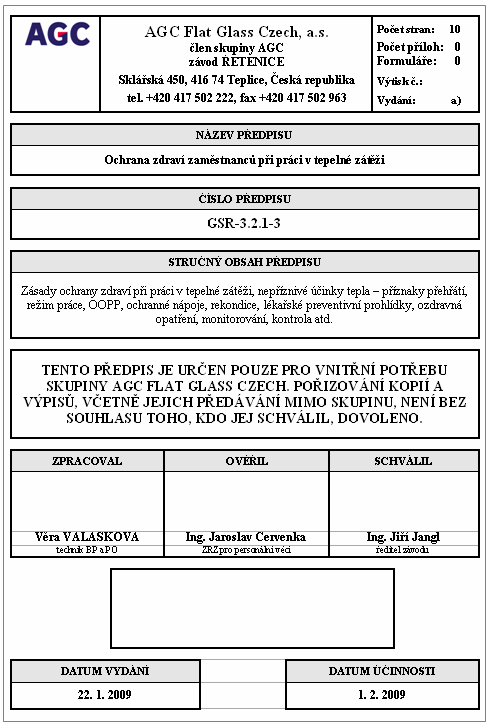 horkých provozů - interní předpis GSR-3.2.