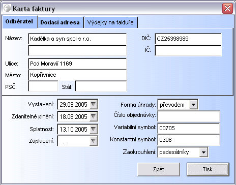 Program otveře kartu faktury, ve které můžete změnit údaje o odběrateli, jeho dodací adresu a