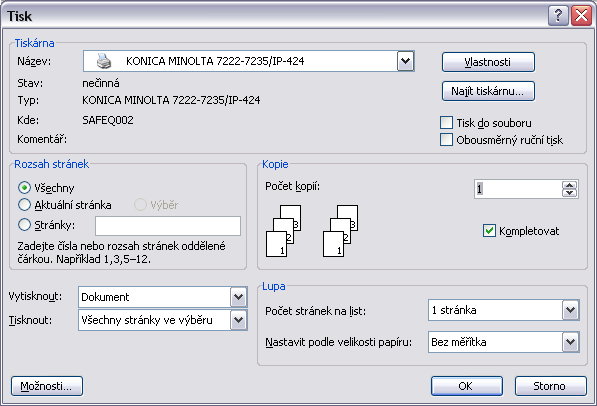 Tisk ve školní síti nastavení oboustranného tisku 1) Nejdříve si zkontrolujte jestli máte v počítači připojeny tiskárny Konica 7222_P a Develop+253_P (starší připojené tiskárny z \\sserveru