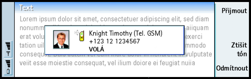 72 Telefon Tip: Pro nastavení hlasitosti reproduktoru pou¾ijte tlaèítko se ¹ipkami: stisknutí > zvy¹uje hlasitost a stisknutí < sni¾uje hlasitost. Tip: Je-li spolu s hovorem pøijato i tel.