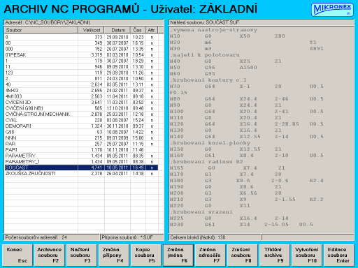 Archiv NC programů - Obsahuje seznam NC programů uložených v paměti, náhled NC programů a umožňuje operace s nimi. V levém okně je seznam všech programů ve zvoleném adresáři se zvolenou příponou.