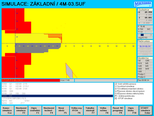 Simulace - Režim grafické simulace obrábění pro kontrolu správnosti programů. Simulace umožňuje odzkoušení zapsaného programu grafickou simulací pohybu nástroje bez spouštění stroje.