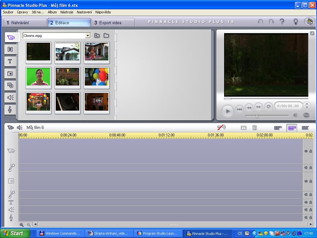 Obrázek 1 Hlavní obrazovka programu Pinnacle studio 10 Album obsahuje materiál, který použijete ve svém filmu, včetně nahraných videoscén. Okno Film slouží k vytváření editovaného filmu.