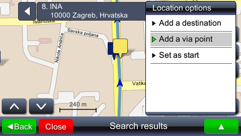 Vyhledávání na trase (nejčastějším hledáním je benzínová pumpa, restaurace nebo hotel) se provádí následovně: Otevře