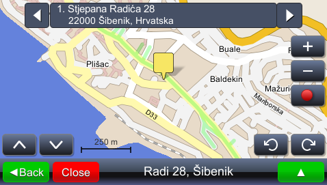 Vyberte správnou adresu z výsledků hledání ( dotkněte se vybraného výsledku): Pozice vybraného výsledku je zobrazena na mapě.