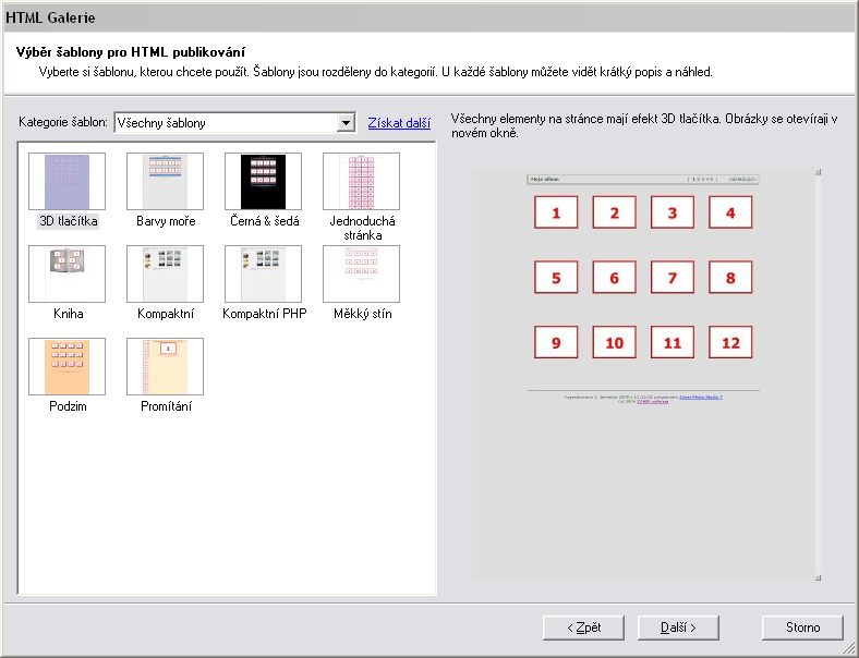 Obrázek 52 Výběr šablony pro HTML galerii. Dalším krokem je výběr šablony, podle které se galerie vytvoří.